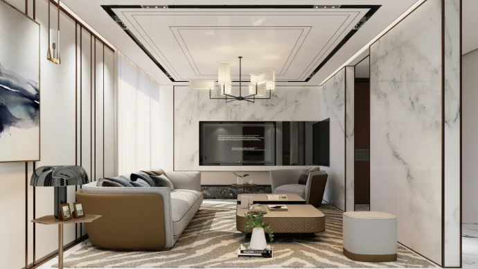 Modern living room with marble accents and stylish furniture